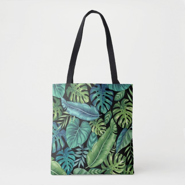 Green & Teal Tropical Palm Banana Monstera Leaves Tote Bag (Front)
