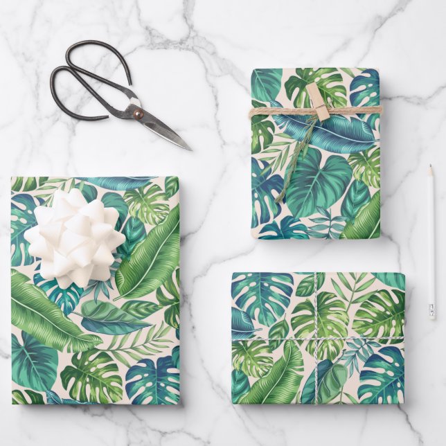 Green & Teal Tropical Palm Banana Monstera Leaves  Wrapping Paper Sheet (Front)