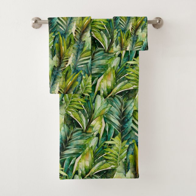 Green & Teal Watercolor Tropical Palm Leaves Bath Towel Set (Insitu)