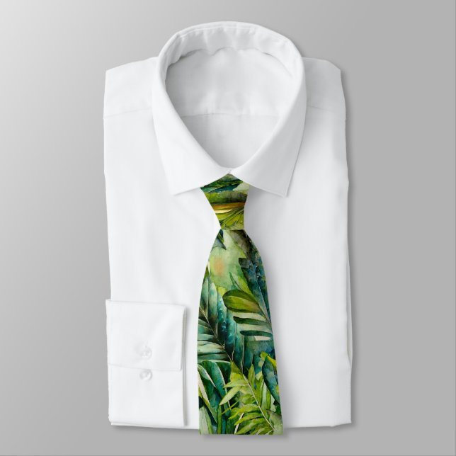 Green & Teal Watercolor Tropical Palm Leaves Tie (Tied)