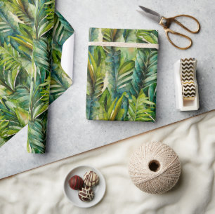 Green & Teal Watercolor Tropical Palm Leaves Wrapping Paper