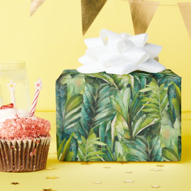 Green & Teal Watercolor Tropical Palm Leaves Wrapping Paper (Birthday Party)