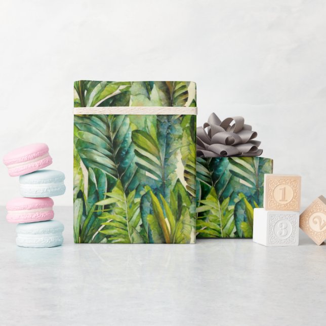 Green & Teal Watercolor Tropical Palm Leaves Wrapping Paper (Baby Shower)