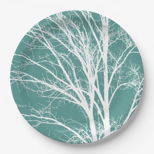 Green Teal White Bare Tree Branches Paper Plate (Front)