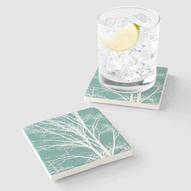 Green Teal White Bare Tree Branches Stone Coaster (Side)