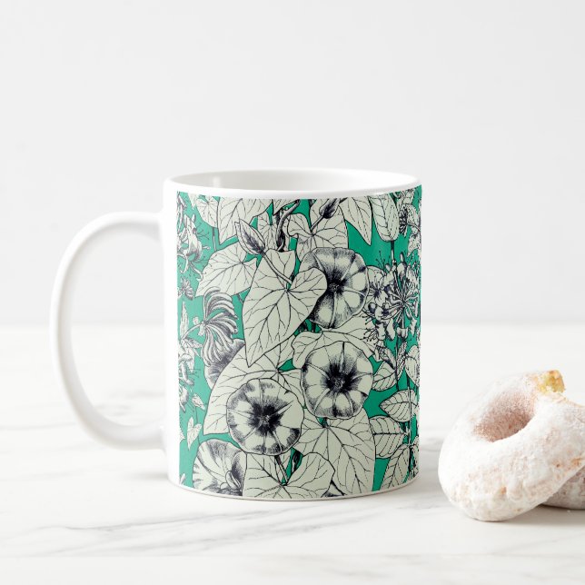 Green Teal White Graphic Flowers Pattern Coffee Mug (With Donut)