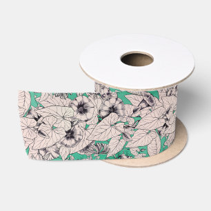Green Teal White Graphic Flowers Pattern Satin Ribbon