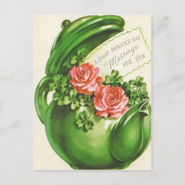 Green Teapot Rose Shamrock St Patrick's Day Postcard (Front)