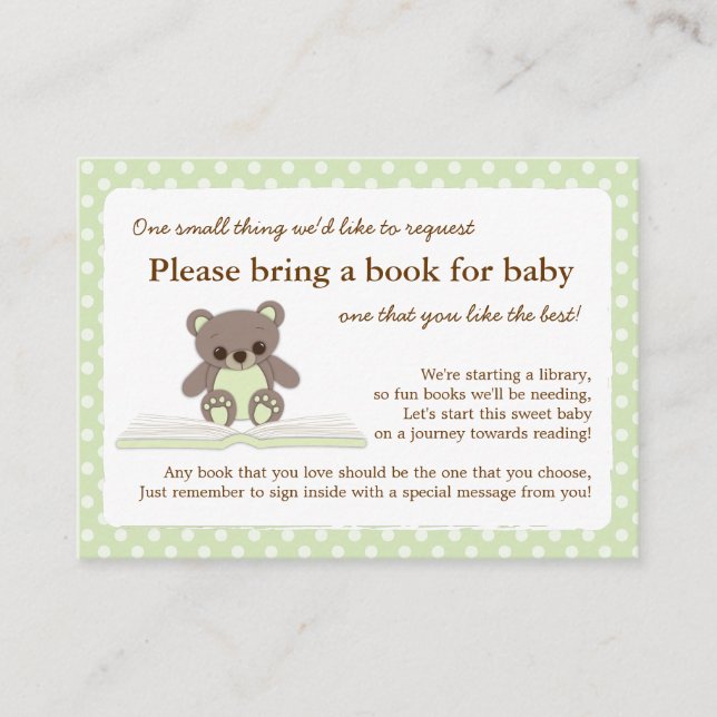 Green Teddy Baby Shower Book Insert Request Card (Front)