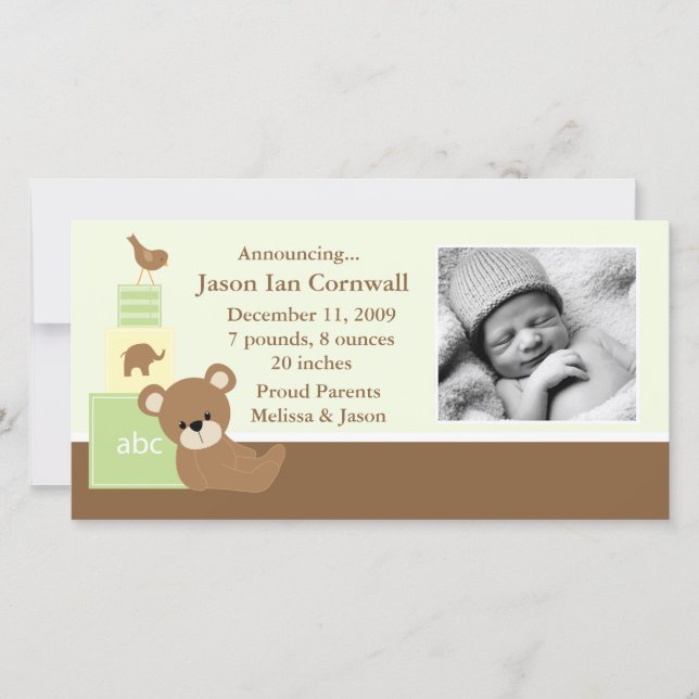 Green Teddy Bear Baby Photo Birth Announcement (Front)