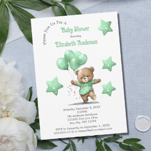 Green Teddy Bear Balloons Stars Boy Baby Shower  Invitation