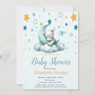 Green Teddy Bear, Stars Cloud Moon Baby Shower Invitation