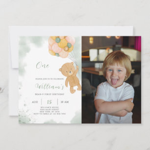 Green Teddy Birthday Invitation With Photo