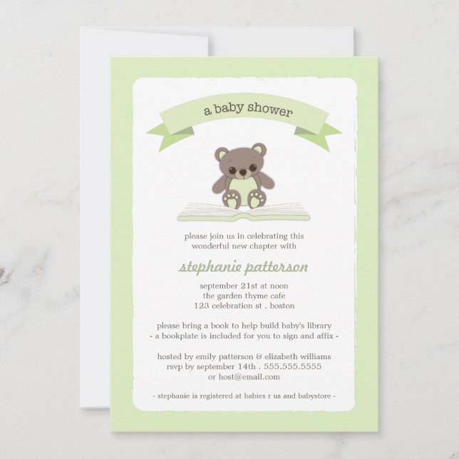 Green Teddy Bring a Book Baby Shower Invitation (Front)