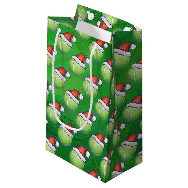 Green Tennis Ball In Santa Hat Pattern Small Gift Bag (Front Angled)