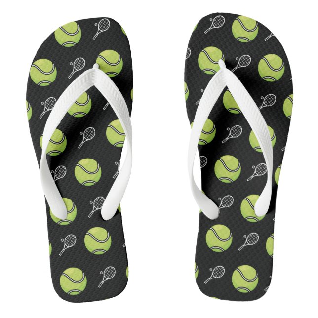 Green Tennis Balls and Rackets Athlete Sport Black Thongs (Footbed)