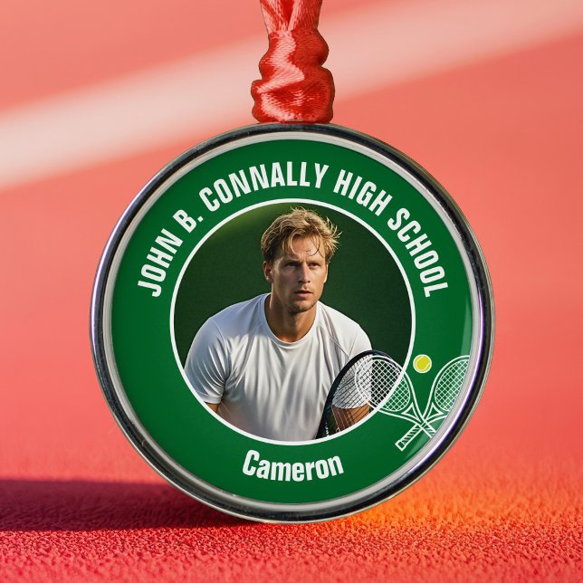 Green Tennis Player Photo High School Christmas Metal Ornament (Creator Uploaded)