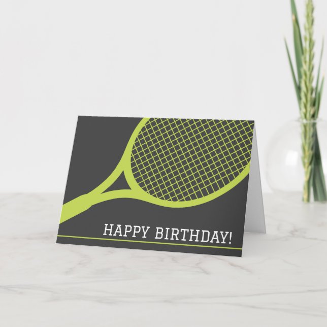 Green tennis racket on gray happy birthday card (Front)