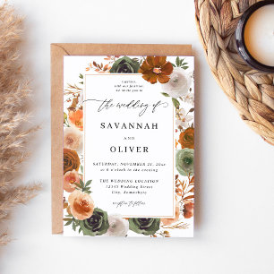 Green & Terra Cotta Floral Wedding S2 - White Invitation