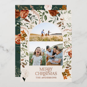 Green terracotta 3 photo botanical elegant arch foil holiday card