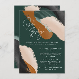 Green terracotta abstract watercolor baby shower invitation