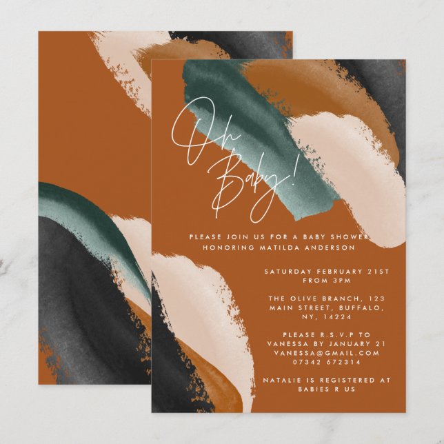 Green terracotta abstract watercolor baby shower invitation (Front/Back)