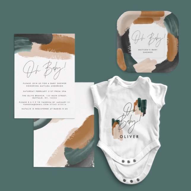Green terracotta abstract watercolor baby shower invitation (Creator Uploaded)
