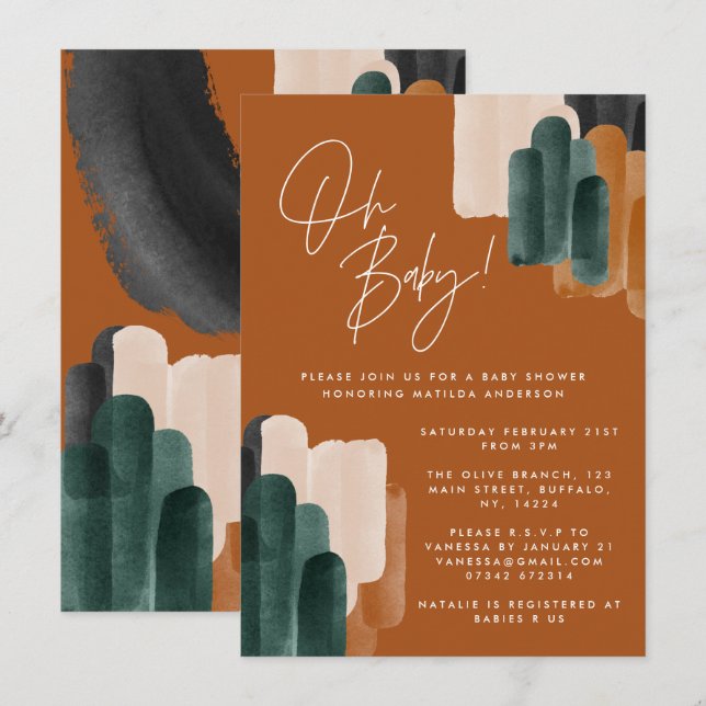 Green terracotta abstract watercolor baby shower invitation (Front/Back)
