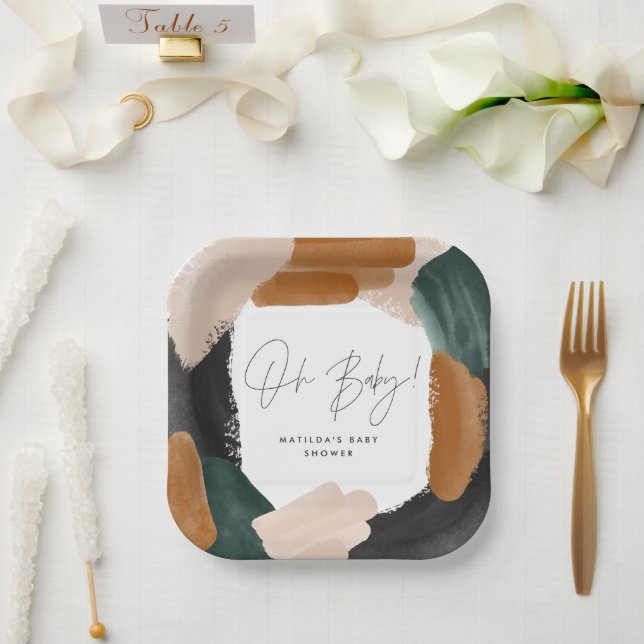 Green terracotta abstract watercolor baby shower paper plate (Wedding)