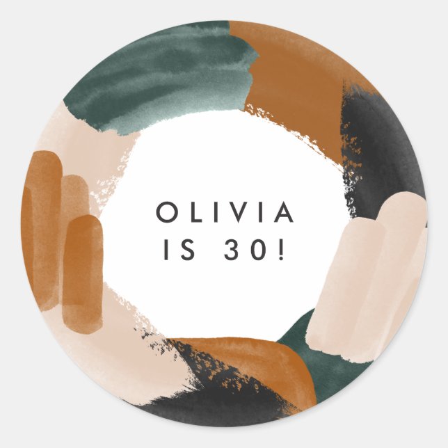 Green terracotta abstract watercolor birthday classic round sticker (Front)