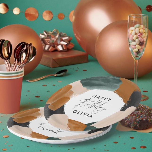 Green terracotta abstract watercolor birthday paper plate (Multi)