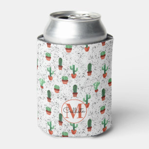 Green Terracotta Cactus Pots Splatter Monogram Can Cooler