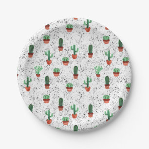 Green Terracotta Cactus Pots Splatter Pattern Paper Plate