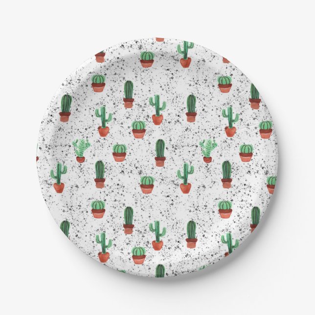 Green Terracotta Cactus Pots Splatter Pattern Paper Plate (Front)