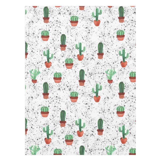 Green Terracotta Cactus Pots Splatter Pattern Tablecloth (Front)