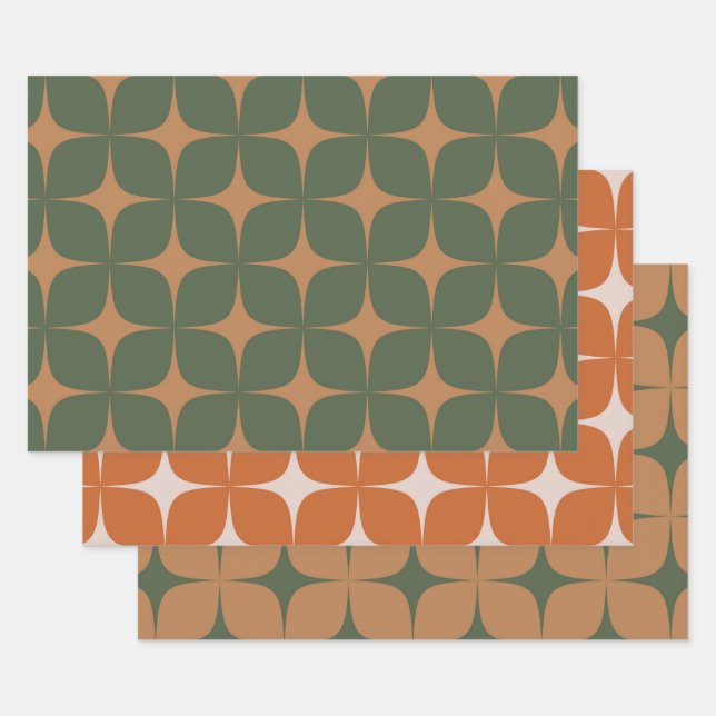 Green Terracotta Mid Century Modern Elegant Boho Wrapping Paper Sheet (Set)