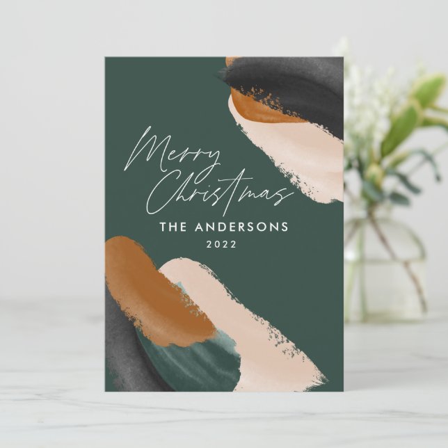 Green terracotta modern minimal watercolor holiday card (Standing Front)
