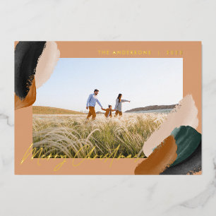 Green terracotta modern minimal watercolor photo foil holiday card