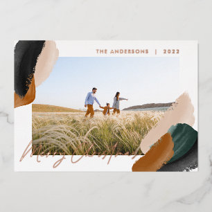 Green terracotta modern minimal watercolor photo foil holiday card