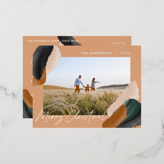 Green terracotta modern minimal watercolor photo foil holiday postcard (Front/Back)