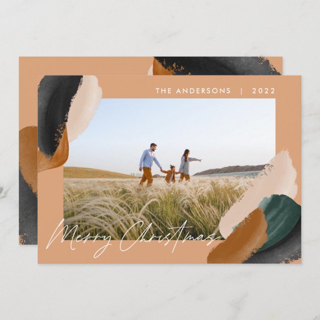 Green terracotta modern minimal watercolor photo h holiday card (Front/Back)
