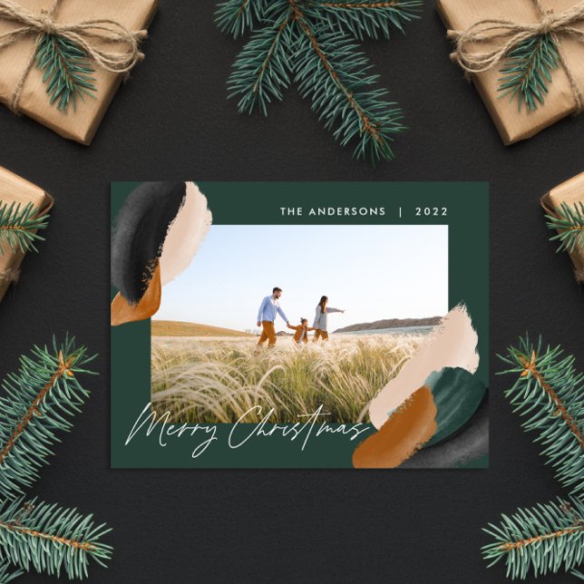 Green terracotta modern minimal watercolor photo holiday card (Creator Uploaded)