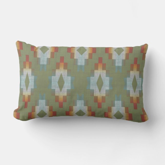 Green Terracotta Red Brown Blue Grey Tribal Art Lumbar Cushion (Front)