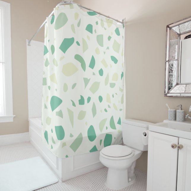 Green terrazzo pattern shower curtain (In Situ)