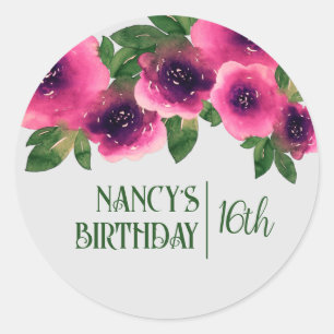 Green Text Watercolor Pink Roses 16th Birthday Classic Round Sticker
