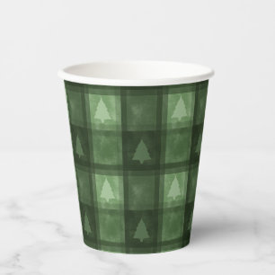Green Textured Plaid And Fir Tree Shapes Christmas Paper Cups