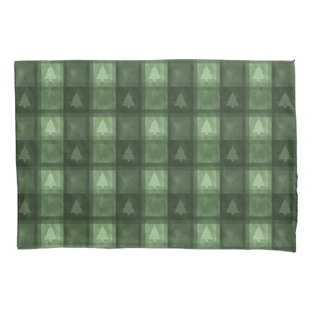 Green Textured Plaid And Fir Tree Shapes Christmas Pillowcase (Front)