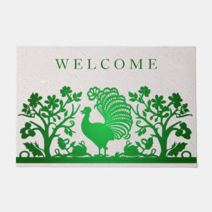 Green Thanksgiving Turkey Floral Doormat