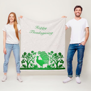 Green Thanksgiving Turkey Floral Fleece Blanket