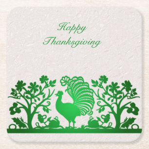 Green Thanksgiving Turkey Floral Paper Coaster
